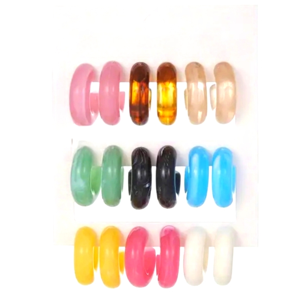 🆕 Colorful White Pink Blue Green Yellow Acrylic Boho Hoop Earrings Set of 9